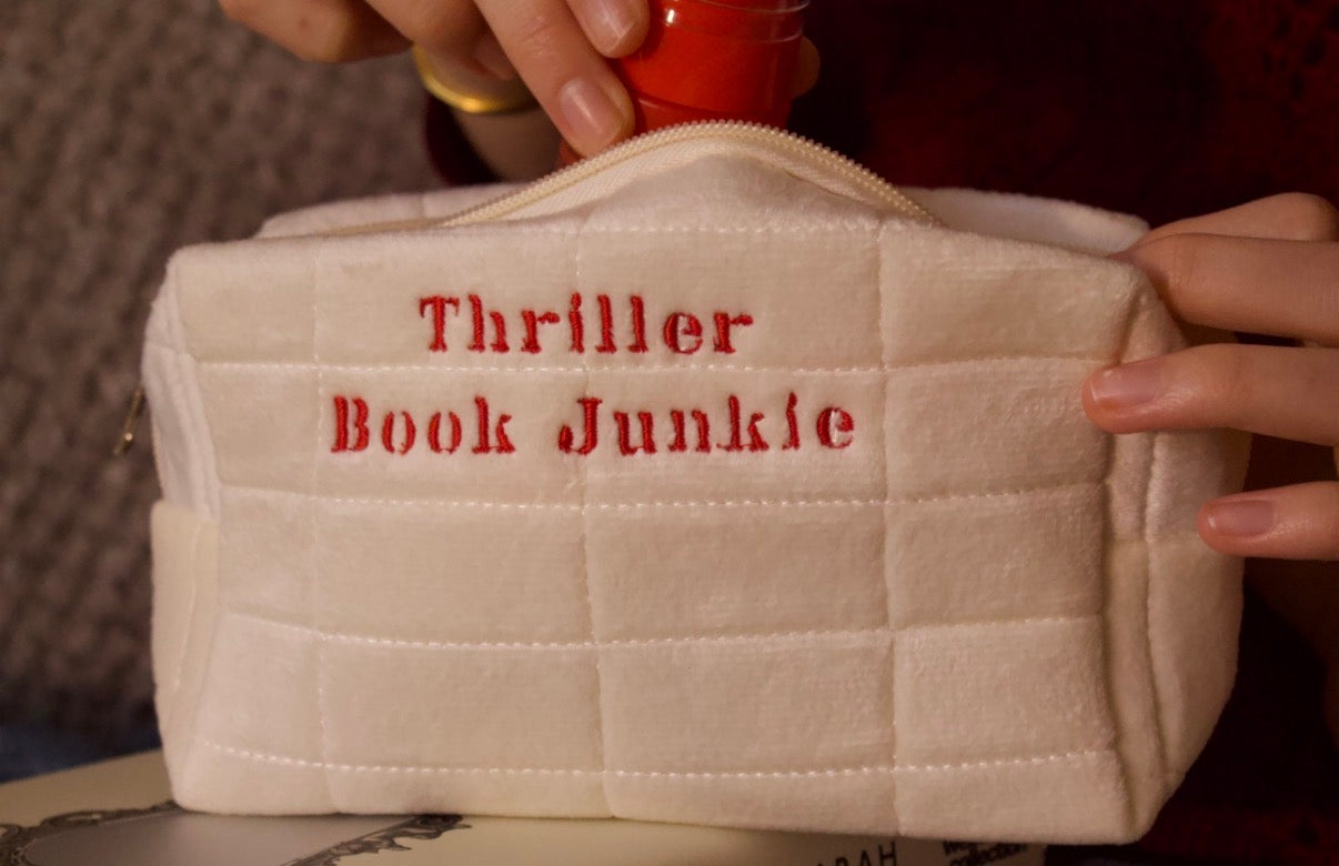 Thriller Book Junkie Aesthetic Pencil Case - Cream & Red Psychological Thriller Makeup Bag - Bookish Annotation Kit & Mystery Reader Pouch