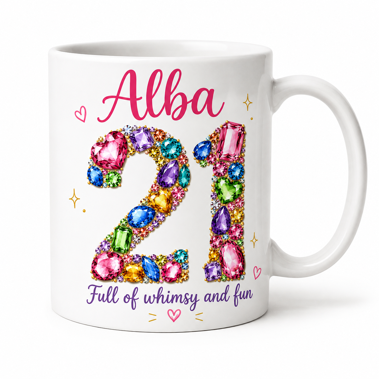 A white ceramic mug with a colorful custom print featuring the name 'Alba' in pink script, large gem-studded numbers '21', and purple text reading 'Full of whimsy and fun' on a white background.