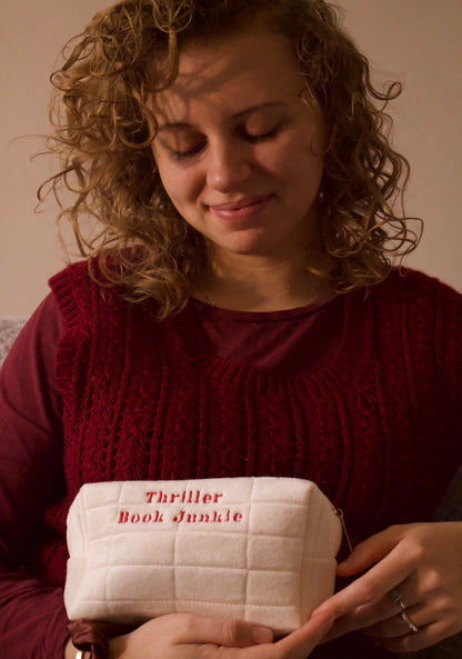 Thriller Book Junkie Aesthetic Pencil Case - Cream & Red Psychological Thriller Makeup Bag - Bookish Annotation Kit & Mystery Reader Pouch