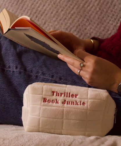 Thriller Book Junkie Aesthetic Pencil Case - Cream & Red Psychological Thriller Makeup Bag - Bookish Annotation Kit & Mystery Reader Pouch
