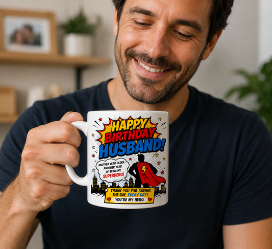 Happy Birthday Husband Superhero Mug